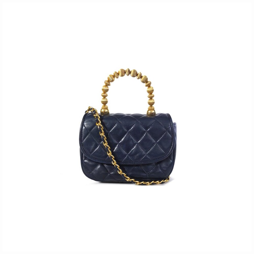 Quilted Navy Mini Shoulder Bag with Gold Handle